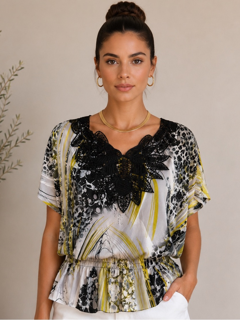 Black Lace-Trim Printed Peplum Blouse in Yellow and White